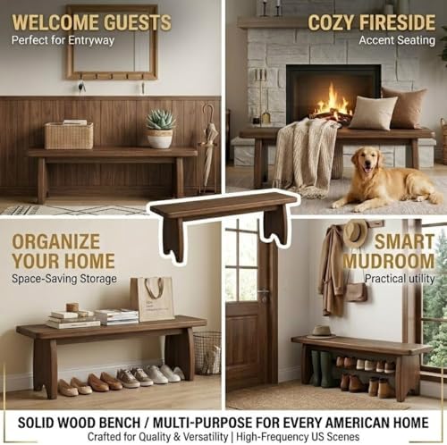 Solid Wood Bench, 24" 31" 35" 39" 47" 59" Rustic Entryway Bench, Narrow End of Bed Bench for Bedroom, Farmhouse Dining Bench for Kitchen, Living Room, Hallway, Easy Assembly