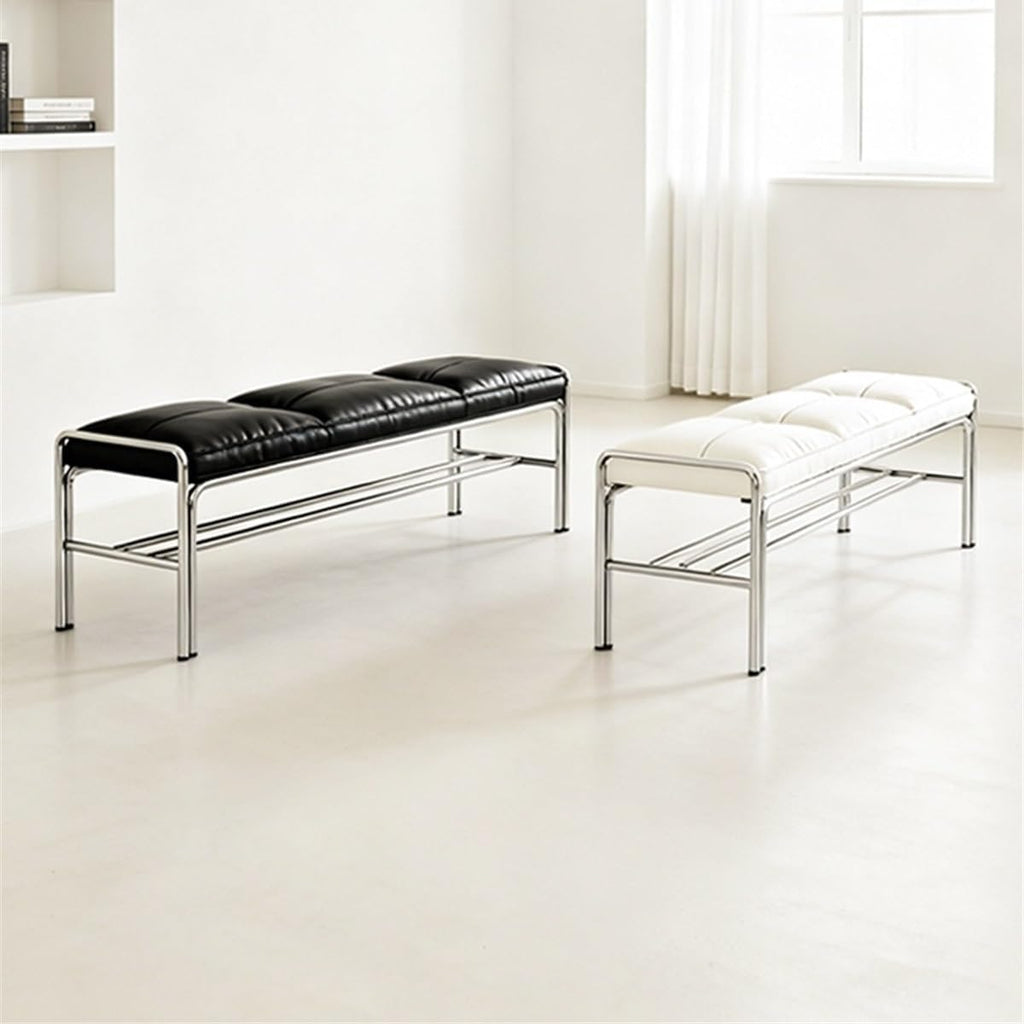 Modern Stainless Steel Long Bench with White Leather Cushion Home-use Soft-Padded Shoe Changing Stool Entryway(Large)