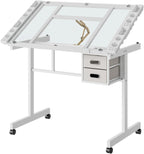 Rolling Drafting Table on Wheels, Painting Table Art Craft Desk Crafting Table with Tilting Transparent Tempered Glass Top, 2 Fabric Storage Drawers and 4 Wheels (White)