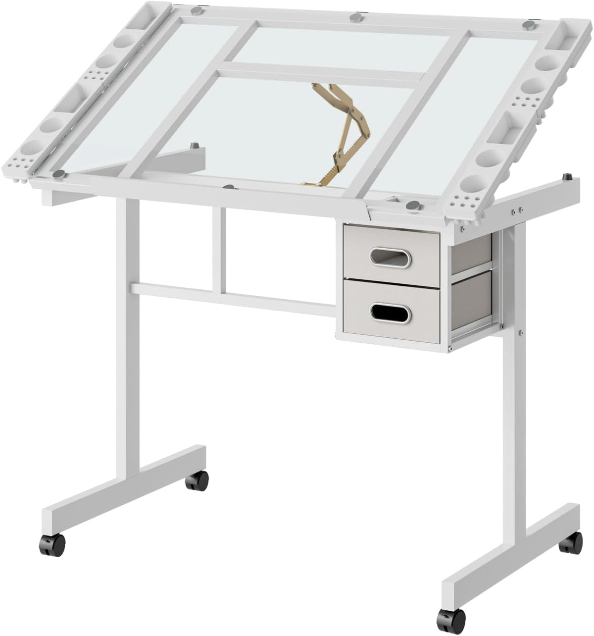 Rolling Drafting Table on Wheels, Painting Table Art Craft Desk Crafting Table with Tilting Transparent Tempered Glass Top, 2 Fabric Storage Drawers and 4 Wheels (White)