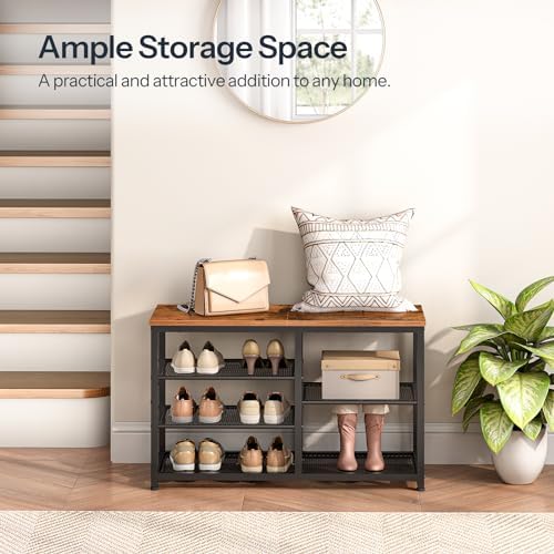 HOOBRO Shoe Bench, 5-Tier Shoe Rack Bench with Mesh Shelves, Shoe Organizer, Industrial Shoe Storage Bench for Entryway, Easy Assembly, 11 x 31.5 x 19.7 Inches, Rustic Brown and Black BF36HX01