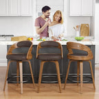 REONEY Swivel Bar Stools Set of 3, 26" Counter Height, Brown | Walnut Wood Legs, Upholstered Seat, Supportive Backrest, Mid-Century Modern, PU Leather, for Kitchen Island, Bar, Coffee Shop