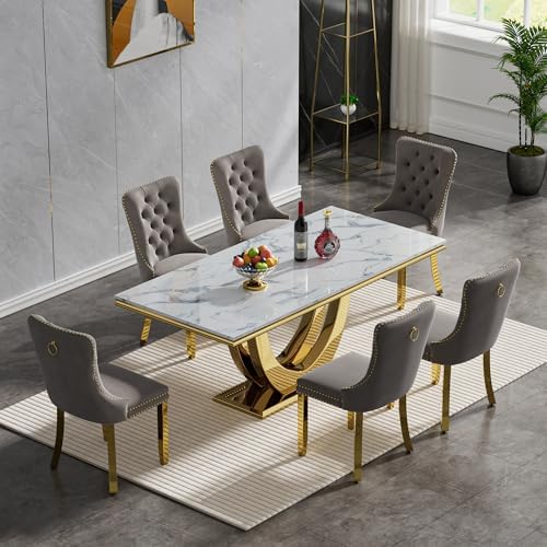 68" Marble Dining Table Set for 6, Luxury White Gold Kitchen Table with 6 Grey Velvet Dining Chairs, Modern Fuax Marble 7-Piece Dining Room Table Set for 6 w/Stainless Steel U-Base