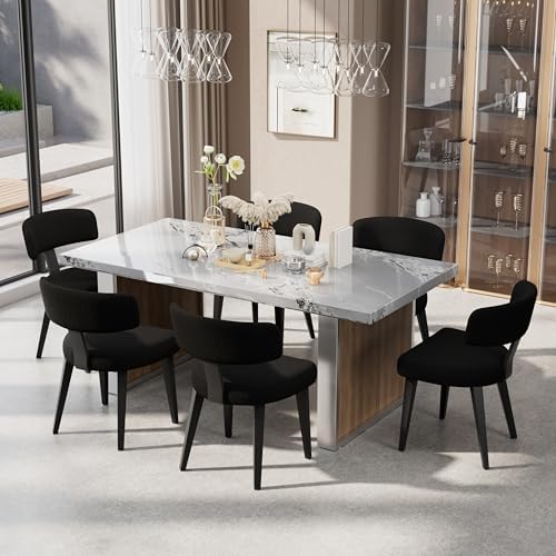 Boucle Chairs Set of 6, Modern Black Upholstered Dining Chairs with Black Metal Legs, Boucle Dining Chairs with Curved Backrest for Dining Room, Kitchen(Only Chairs)