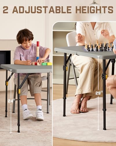 FanttikOutdoor Folding Card Table 34" Square, 2 Heights, Picnic Party Game | Fold-in-Half Utility Plastic Portable Table with Collapsible Legs & Carrying Handle, Heavy Duty, Zeta S4 Pro