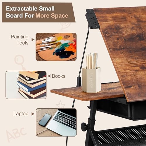 ZENY Adjustable Drafting Table with Stool Tilting Drawing Desk Artist Table | with Outlet, Storage Drawers, Art Craft Workstation for Home Office Reading, Writing, Crafting
