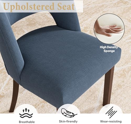 Dining Chairs Set of 2,Modern Dining Room Chairs with Thick Cushions,Linen Upholstered Kitchen Dining Chairs with Wood Legs for Kitchen Dining Room Living Room,Darkblue