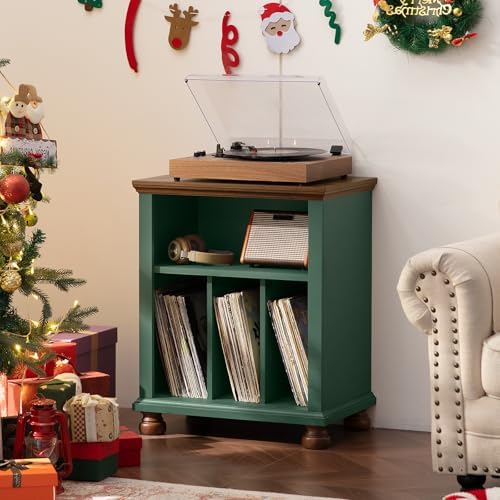 Joaxswe 24" Wide Record Player Stand with Vinyl Record Storage, Green | Mid-Century Record Player Table Up to 200 Albums,Large Wood Turntable Stand Cabinet Dispaly Shelf for Living Room,Bedroom