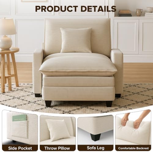 Oversized Accent Chair with Ottoman, 41" Comfy Cloud Single Seat Sofa | Comfy Corduroy Armchair with Throw Pillow & Side Pockets, Modern Reading Chair for Living Room, Bedroom, Apartment