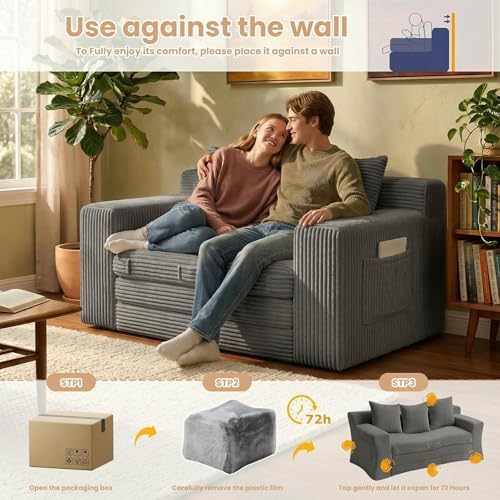 Loveseat Sofa Bed, Tri-Folding Convertible Futon Sleeper with Handle & Side Pockets, 54'' Couch with Hook and Loop No Assembly for Small Space,Living Room & Bedroom