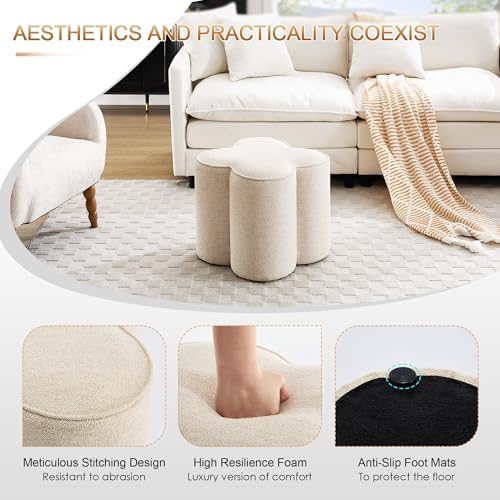 Zesthouse Flower Pouf Ottomans Foot Rest Set of 2, Linen Poofy Ottomans | Large Ottoman Footstool for Couch, Modern Living Room Stool Seat, Cute Square Vanity Stool for Bedroom, Beige Dorm Foot Stool