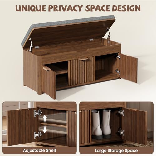37.4" W Shoe Bench with Storage, Lift Top Entryway Bench, Walnut | 2-Tier Adjustable Shoe Rack with Cushioned Seat, Hidden Storage, Wooden End of Bed Bench for Bedroom, Living Room, Hallway