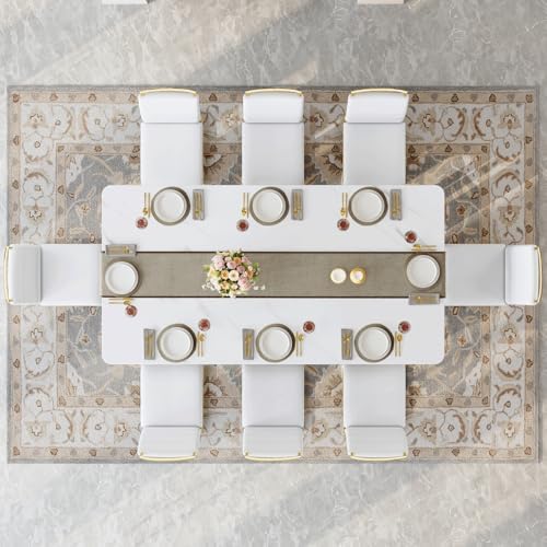 79" White Gold Dining Table Set for 8, Luxury Faux Marble Dining Table Set for 8 with White Gold Chairs, Kitchen Table Set with Gold Chrome Legs for Dining Room, Office