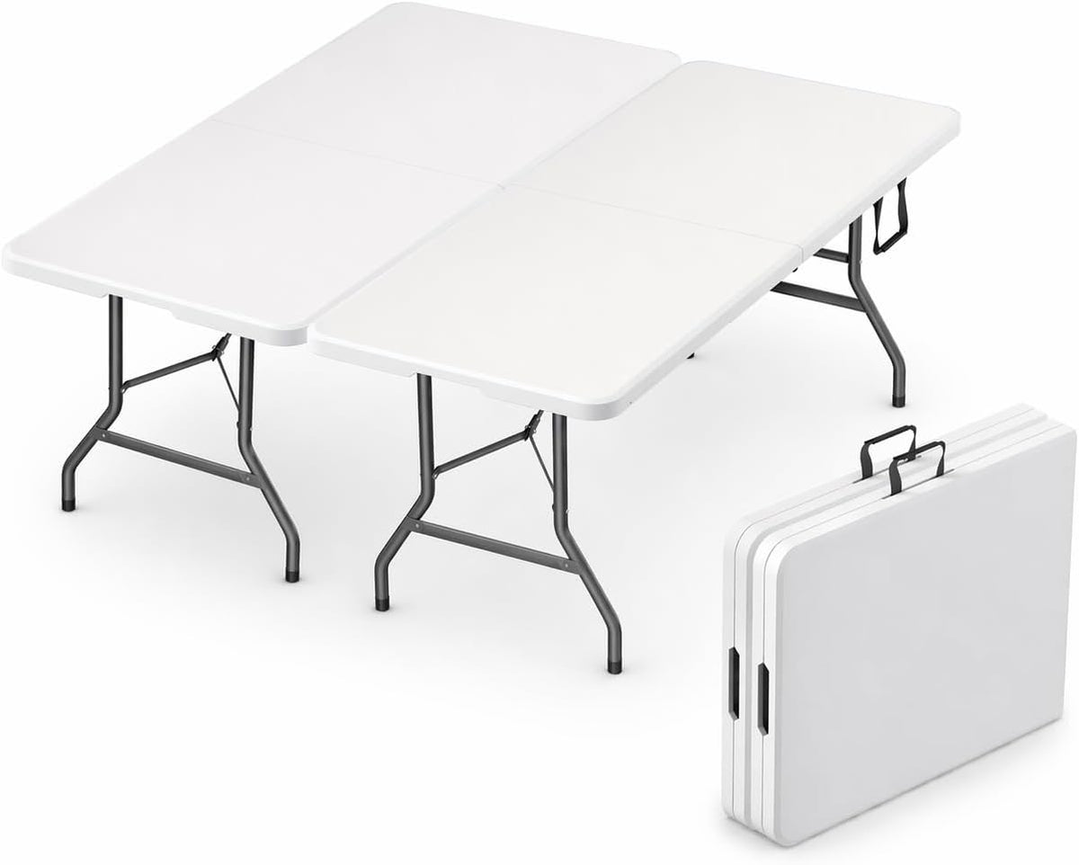 2 PACK of 6 Feet Foldable Table with Built in Handle & Steel Legs | 6FT Heavy Duty Folding Portable | Perfect for Party, Dining, Wedding, Events, Picnic Indoor, Outdoor, Camping, Folding - 6 Foot