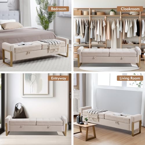 67" Storage Bench for Bedroom, End of Bed Bench King Size, Beige | Double Lids Storage Ottoman Bench with Golden Legs, Upholstered Velvet Bench for Foot of Bed Window Living Room Entryway