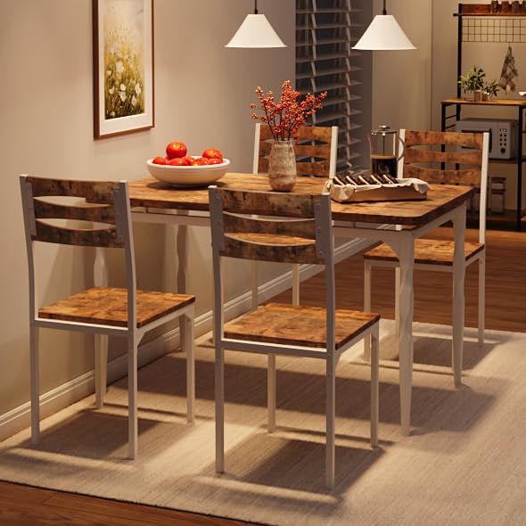 GarveeHome 5 Piece Dining Table Set, Industrial Style Dining Table and Chairs Set for 4, Kitchen Table Set for Dining Room Kitchen Apartment, White Brown