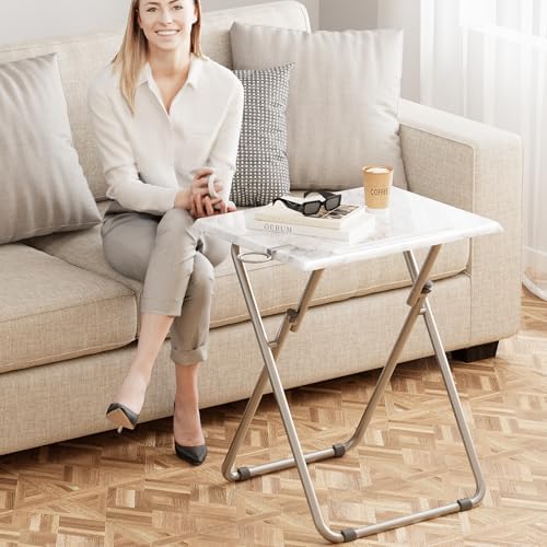 TV Tray Table,Folding Table with Cup Holder Portable,Foldable Snack Tray for Eating,Small Folding Tables Set of 2,Dinner Tables for Couch, Living Room,Small Space (White Marble,2Pcs)