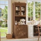 71" Farmhouse Kitchen Pantry Cabinet with Glass Doors, Set of 2 – Dark Brown Freestanding Coffee Bar Hutch with Adjustable Shelves, Large Storage Cabinet with Microwave Stand for Living Room & Kitchen