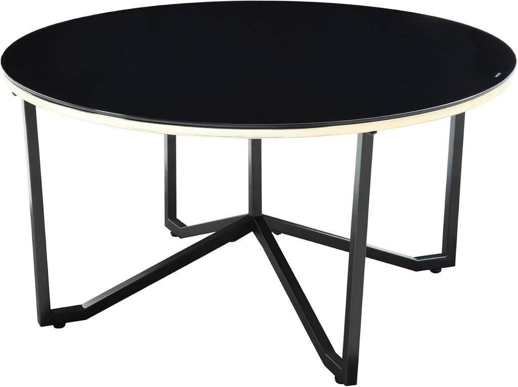 3pc Round Coffee and End Tables Set Black Tempered Glass Top Metal Frame | Includes 1 cocktail table and 2 end tables with black tempered glass tops