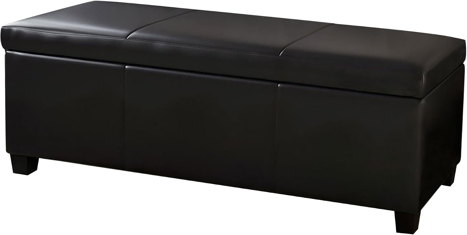 BELLEZE Storage Faux Leather Ottoman, 47 Inch Bench Bedroom Bench with Safety Close Hinge, Extra Long Ottoman with Storage for Living Room, Entryway, Hallway, Foot Rest, Support 300lbs - Black