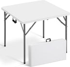 34" Square Folding Table Fold-in-Half Utility Dining Portable Table Heavy Duty HDPE with Carrying Handle, Plastic Tables for Camping,Picnic, Office, Party,Card Table (White)
