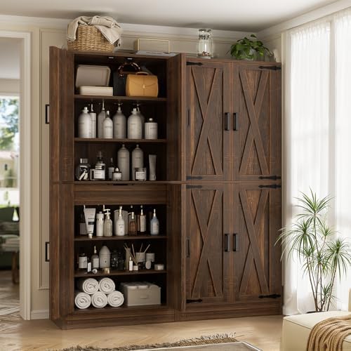Unikito 71" Tall Kitchen Pantry Cabinet with Adjustable Shelve and Drawer | Large Wooden Farmhouse Storage Cupboard, Barn Door, Sturdy and Deep, Versatile for Dining Room, Living Room, Utility Room