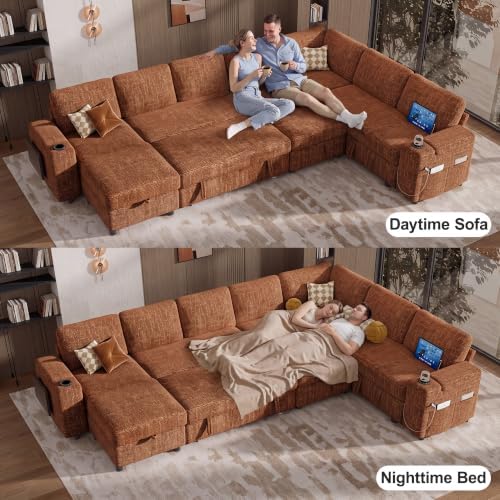 Vipbear 130" Modular Sectional Sleeper Sofa with Pull Out Bed, 9 Seat Chenille U Shaped Couch with Ottoman and Chaise|USB Ports|Cup Holders|Side Table, Tool Free Assembly, Orange