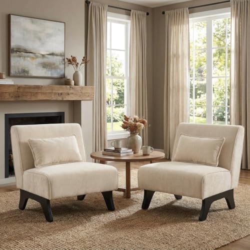 Armless Accent Chairs Set of 2 Upholstered Living Room Side Chairs | Comfy Small Accent Lounge Chair with Pillow Accent Chair for Living Room Bedroom Farmhouse Reading Beige 2PCS