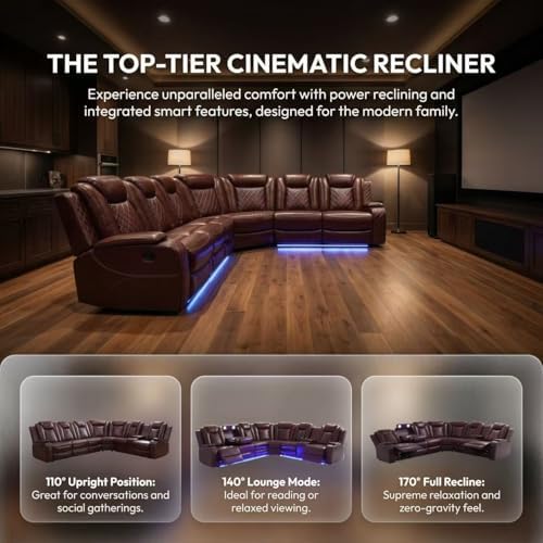 A Ainehome Power LED Reclining Sectional Sofa Set, Living Room Power Recliner Adjustable Sofa, Loveseat and Chair with Storage Console for Home/Office(A-Brown)