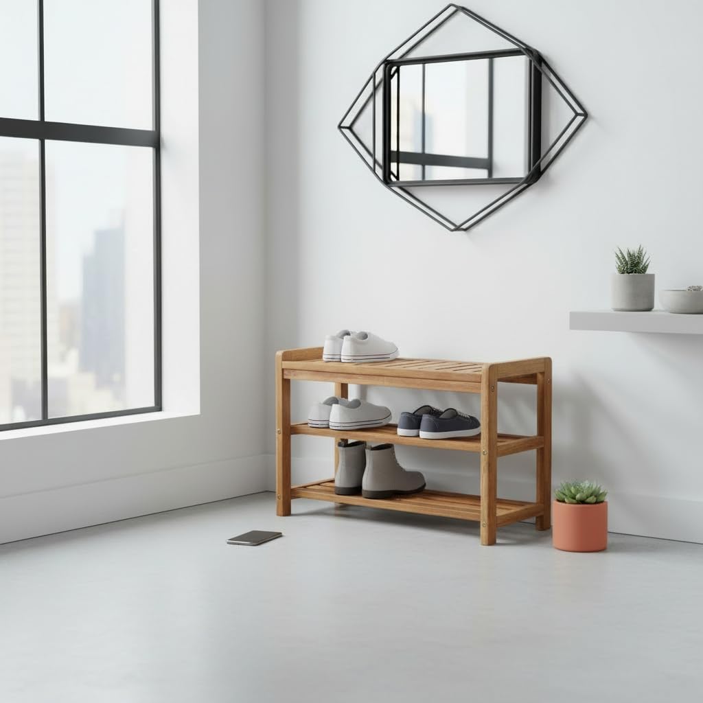 27-Inch Wooden Shoe Bench for Entryway, 3-Tier Storage Organizer, Rustic Shoe Rack Bench for Narrow Spaces