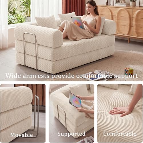 Futon Sofa Bed Modular Loveseat Sleeper Folding Pull Out Couch with Pillows, No Assembly Required Couch for Living Room Bedroom Guest Room (Beige, 53.15" Loveseat Sofa)