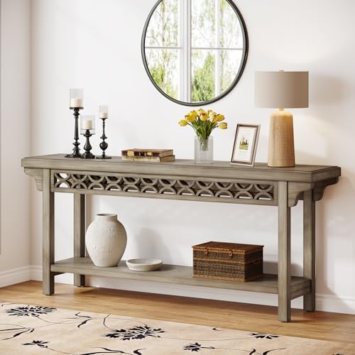 Tribesigns 70.8-Inch Solid Wood Long Console Table, Farmhouse Entryway Table with Storage, Narrow Sofa Table Grey Couch Table for Living Room Entryway Hallway (Gray)