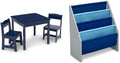 Delta Children MySize Kids Wood Table and Chair Set (2 Chairs Included) & Sling Book Rack Bookshelf for Kids - Easy-to-Reach Storage for Books, Magazines or Coloring Books, Grey/Blue