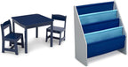 Delta Children MySize Kids Wood Table and Chair Set (2 Chairs Included) & Sling Book Rack Bookshelf for Kids - Easy-to-Reach Storage for Books, Magazines or Coloring Books, Grey/Blue