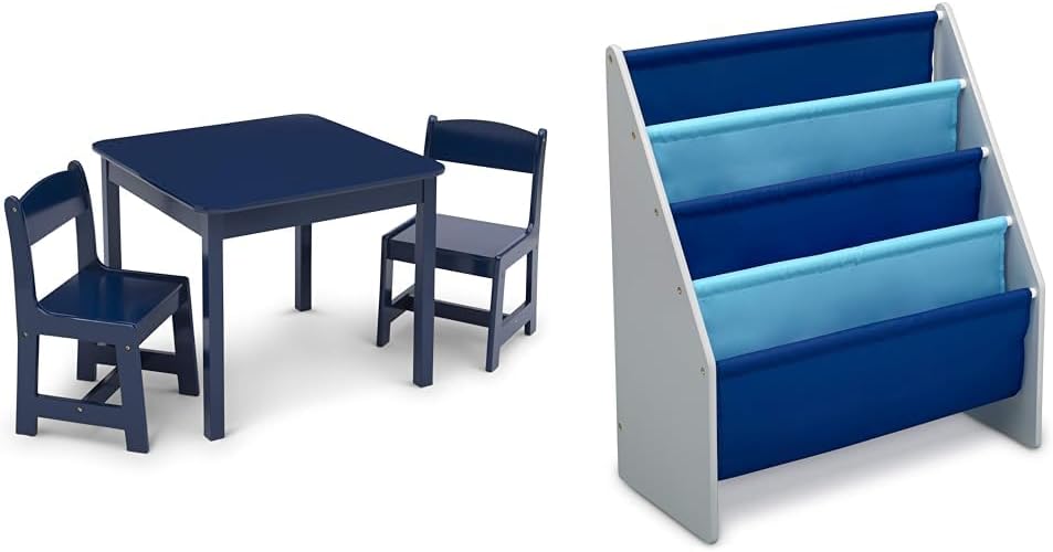 Delta Children MySize Kids Wood Table and Chair Set (2 Chairs Included) & Sling Book Rack Bookshelf for Kids - Easy-to-Reach Storage for Books, Magazines or Coloring Books, Grey/Blue
