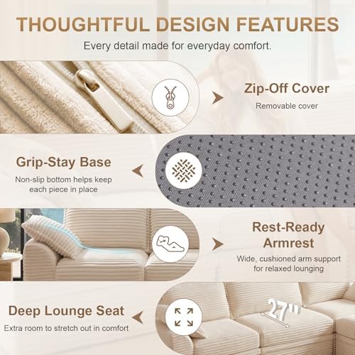 142" Upgraded Couch with Storage, Modular Sectional Couches for Living Room, Oversized Deep Seat 6-Seat U Shaped Cloud Sofa with Ottoman & Pillows,Corduroy,No Assembly(Beige)