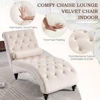 SLEERWAY Chaise Lounge Chair Indoor, Modern Velvet Upholstered Sofa with Solid Wooden Leg and Lumbar Pillow, Button Tufted Sleeper Chaise Lounge Chairs for Bedroom Living Room Office, Beige