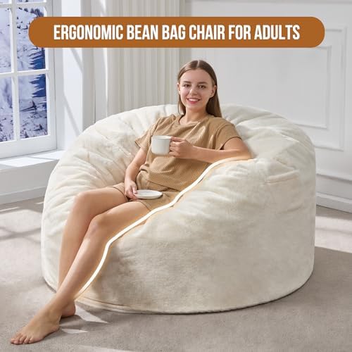 Hobestluk Adult Bean Bag Chair 4FT Large Lounger with Plush Cover, White | Memory Foam Filled, Removable and Washable Cover, Portable Handle, Relaxing, Reading, Large, Skin-Friendly Plush Faux Fur