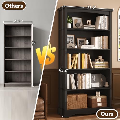 TVU 5-Tier Wooden Bookshelf, 31.5" W x 65" H ×9.9" D Bookshelf with Storage, Floor Standing Modern Style Display Bookcase for Living Room, Office, Study Room, Entryway, Black