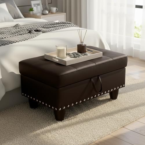 Simple Deluxe Ottoman with Storage Bench Chair, 28.5" L x 19.5" W x 17.5" H Foot Rest Stools with Synthetic Leather,Ottoman Storage Chest Box with Padded Seat for Bedroom, Living Room, Entryway,Brown