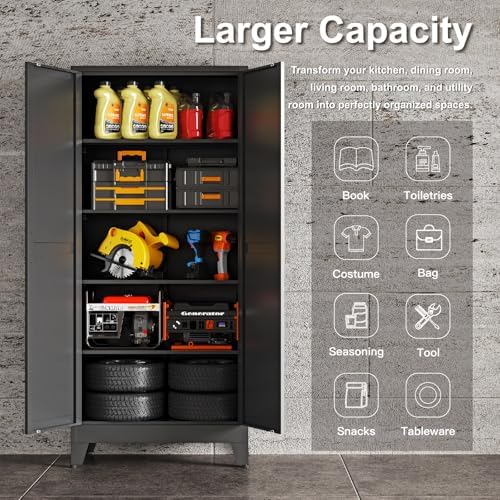 71"H Kitchen Pantry Storage Cabinet,Metal Black Food Pantry with 2 Door and 4 Adjustable Shelves,Laundry Room Freestanding Cabinet,Tall Hutch Cabinet,Large Farmhouse Cupboard for Dining Living Room