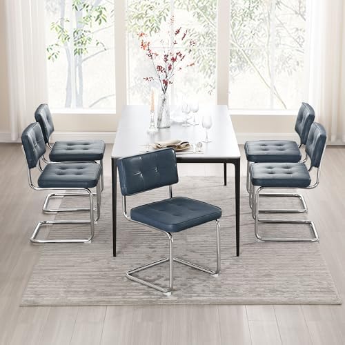 Zesthouse Faux Leather Dining Chairs Set of 6, Industrial Metal Chairs with Stainless Chrome Legs, Mid Century Modern Cesca Chair for Kitchen & Dining Living Room, Upholstered Armless Chair, Blue
