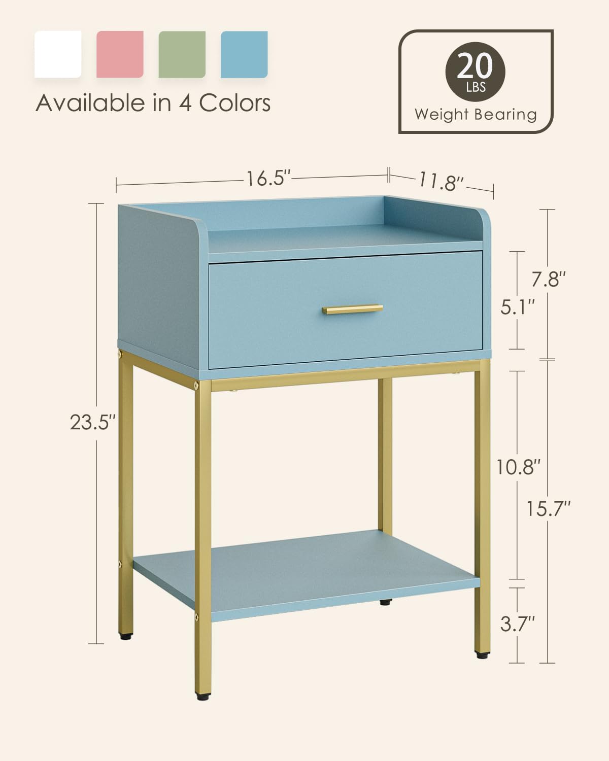 Masupu Nightstand,Bedside Table 3-Tier Modern Night Stand with Storage Drawer and Shelf,Small End Side Table for Bedroom,Living Room,Black (Without Outlet, Blue)