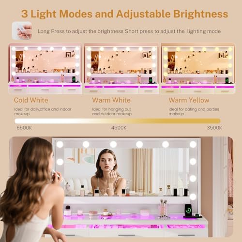 FINOESO Large Vanity Desk with Mirror and Lights, 3-Color LED, Makeup Vanity with Clear Glass Top & RGB Light, Vanity Table with 9 Drawers, Open Shelf, Power Outlet, Vanity for Women Bedroom, White