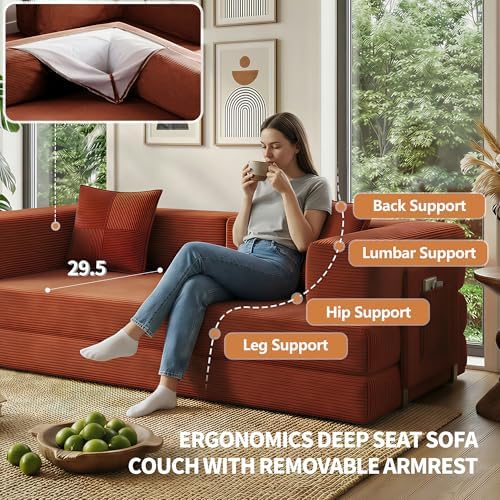 78.8" Couch for Living Room, Futon Sleeper Sofa Bed | Convertible Sofa Bed, Corduroy Pull Out Couch Loveseat with Storage Pocket, Modular Design, No Assembly, Orange