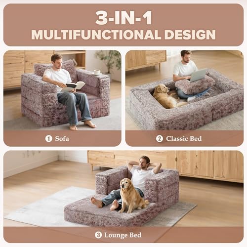 HABUTWAY Convertible Sofa Bed, 3-in-1 Futon Sofa Bed with Pillow, Foldable Pull Out Floor Sofa Bed with Removable Cover, Plush Couch for Living Room/Bedroom/Dorm