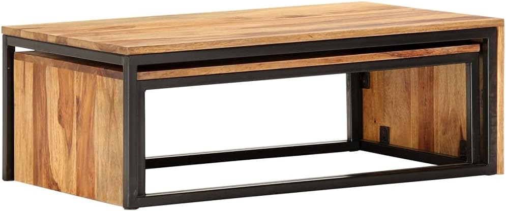 Nesting Tables 2 pcs Solid Acacia Wood | Powder Coated Steel Frame, Stackable Design, Vintage Style, Easy Assembly, for Living Room