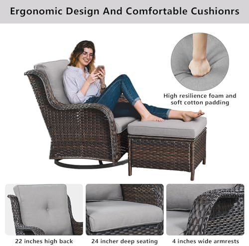 Belord Wicker Outdoor Furniture Patio Furniture Set - 6 Piece Patio Conversation Set with Swivel Rocker Chairs, Rattan Sofa, Ottomans and Coffee Table, Gray Cushion