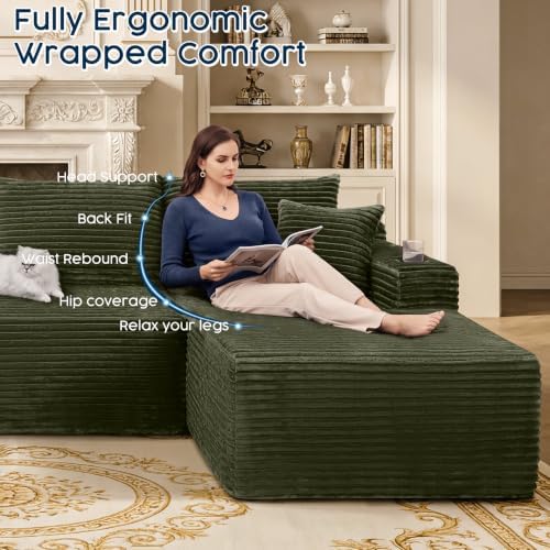 Green 134 Inch U-Shaped Modular Sectional Sofa, Corduroy Cloud Couch with Dual Chaise, High-Resilience Foam & Spring Coils, Deep Seat Lounge with 2 Cupholders & Side Pockets, No Assembly