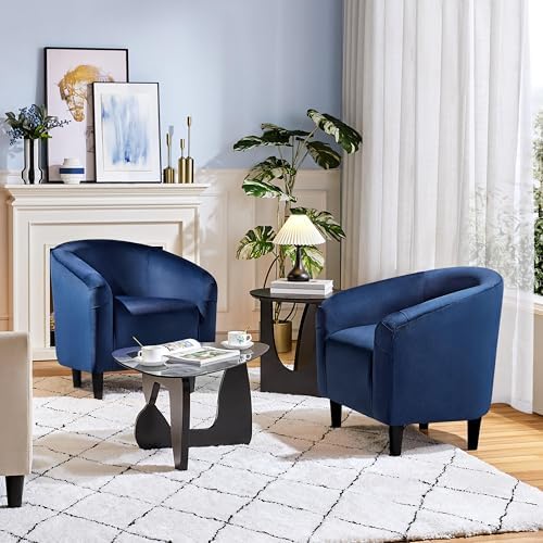 Yaheetech Small 25.5in Wide Velvet Barrel Accent Chair Bedroom, Navy Blue | Compact Cozy Barrel Chairs with a Curved Silhouette, Upholstered Furry Armchair for Small Spaces, Living Room Bedroom Corner